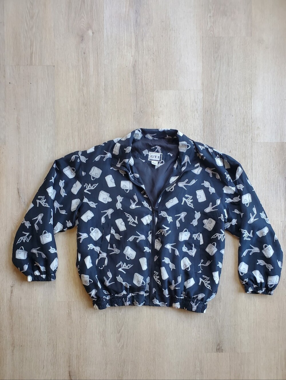 Vintage GTI 100% Silk Bomber Jacket w/ Shoes, Purses, & Sunnies Print